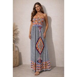 Bongo Strapless Maxi Dress Aztec Boho Print Smocked Summer Beach Womens M